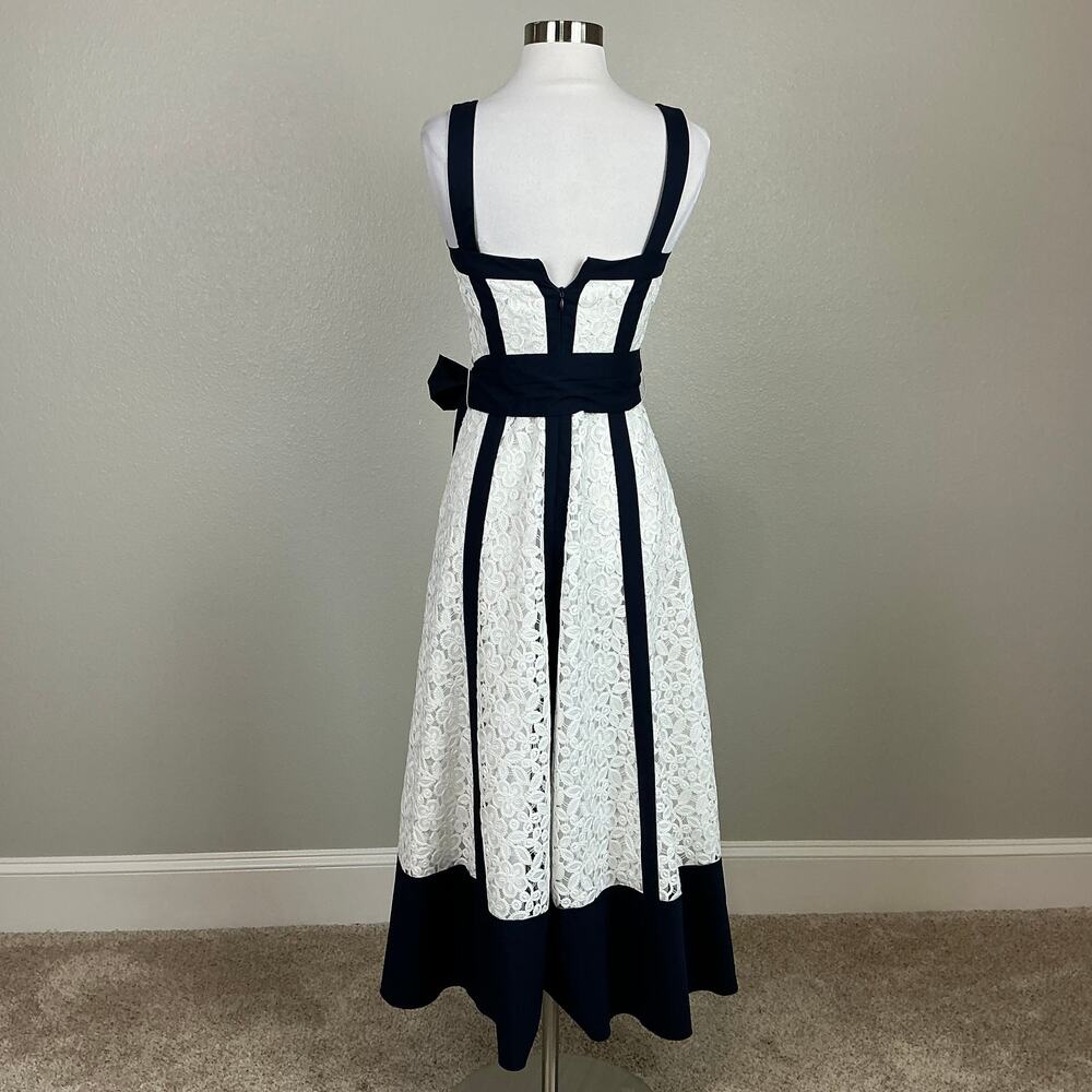 Badgley Mischka Lace Fit and Flare Midi Cocktail Dress Blue and White Size 0 - Picture 7 of 12